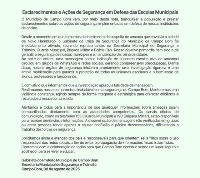 Prefeitura emite nota com esclarecimentos sobre ações de segurança em defesa das escolas municipais 1 Prefeitura emite nota com esclarecimentos sobre ações de segurança em defesa das escolas municipais